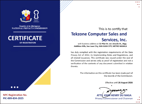 Tekzone National Privacy Commission Certificate